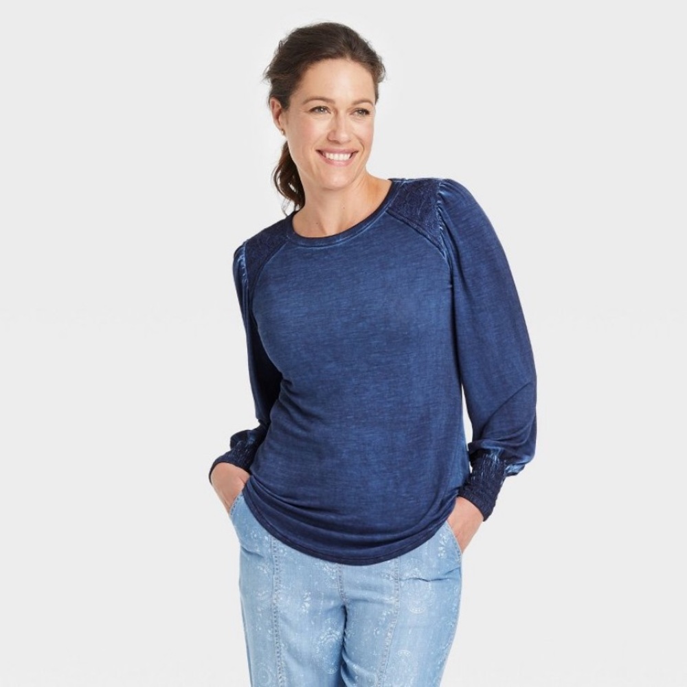 NEW Knox Rose Blue Long Sleeve Lace Shoulder Top size Medium